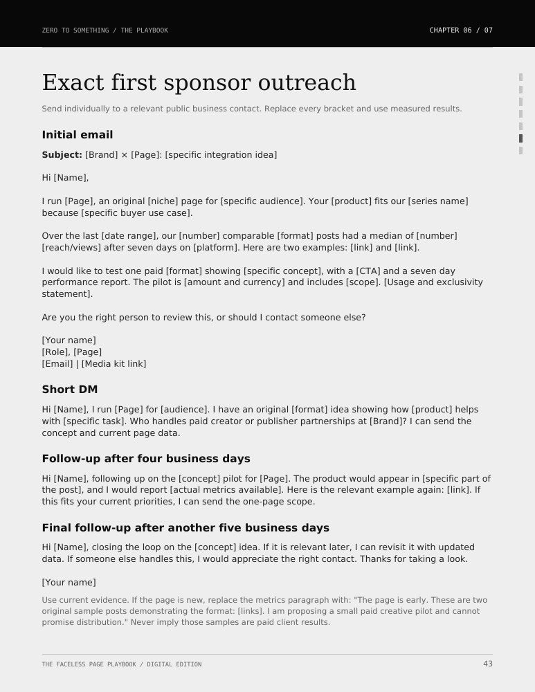Actual page 43: sponsor email and direct message scripts